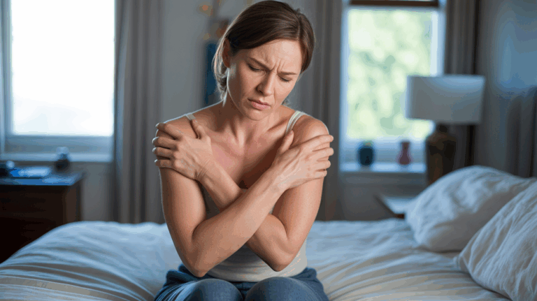 Adulte assis au bord d’un lit, exprimant une douleur musculaire généralisée dans une scène domestique réaliste et naturelle.