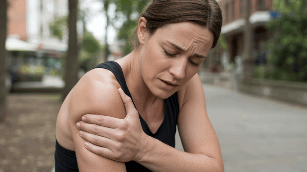 Personne dans un environnement du quotidien ressentant une douleur musculaire inexplicable avec une scène naturelle et réaliste.