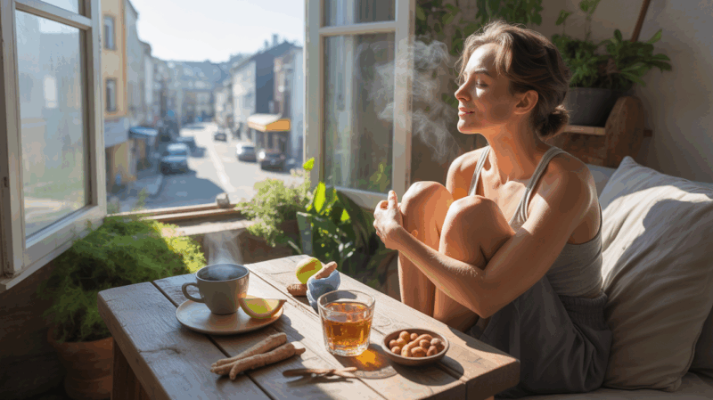 Scène réaliste d’une personne retrouvant de l’énergie le matin grâce à des remèdes naturels dans un intérieur lumineux.