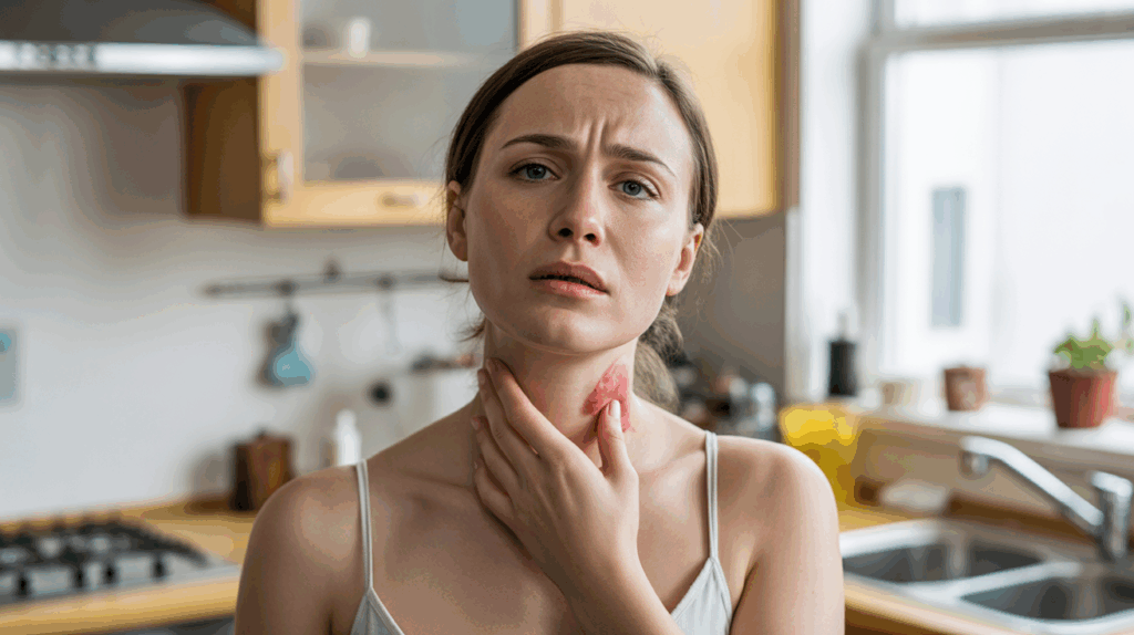 Femme touchant son cou dans une cuisine lumineuse, montrant de manière réaliste un inconfort thyroïdien associé à la maladie de Basedow.