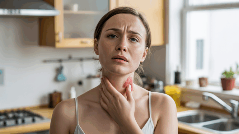 Femme touchant son cou dans une cuisine lumineuse, montrant de manière réaliste un inconfort thyroïdien associé à la maladie de Basedow.