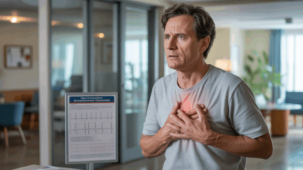 Photo réaliste d’une personne ressentant des palpitations cardiaques dans un cadre naturel, avec un décor authentique de vie quotidienne ou d’hôpital.