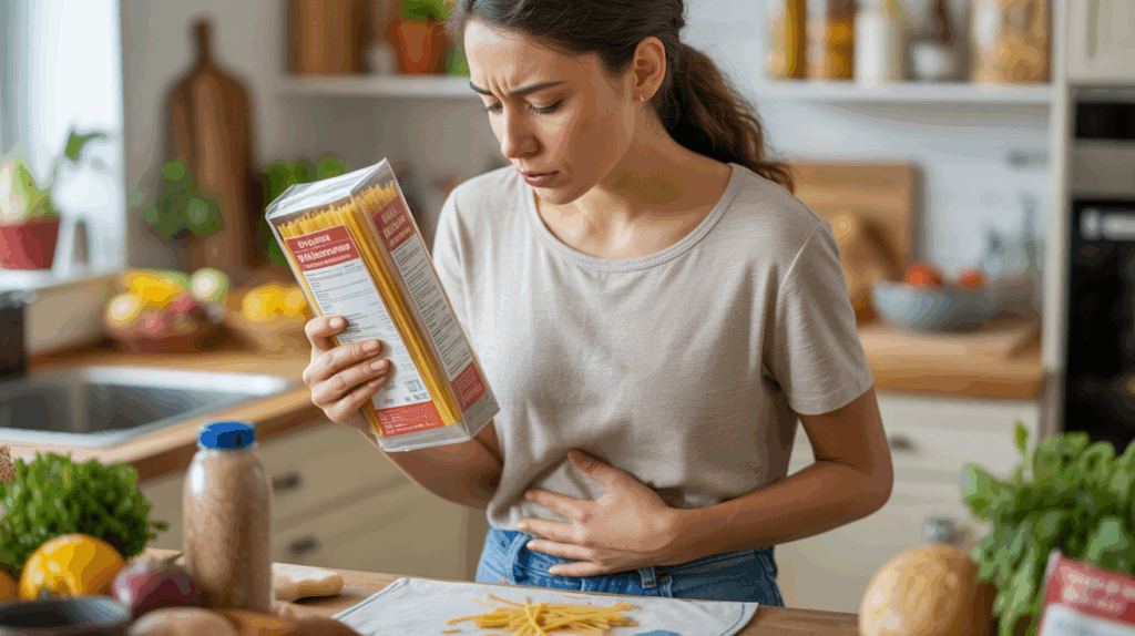 Personne dans une cuisine réelle examinant des étiquettes alimentaires tout en ressentant une légère gêne abdominale, illustrant les symptômes possibles de l’intolérance au gluten.