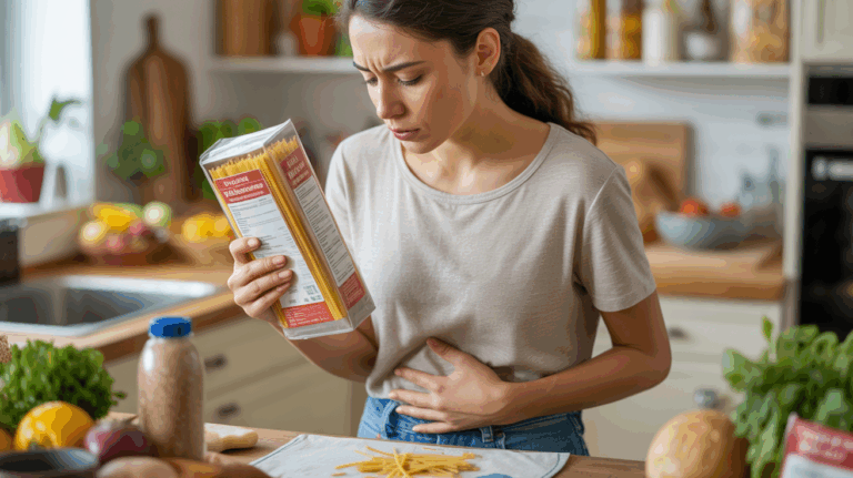 Personne dans une cuisine réelle examinant des étiquettes alimentaires tout en ressentant une légère gêne abdominale, illustrant les symptômes possibles de l’intolérance au gluten.