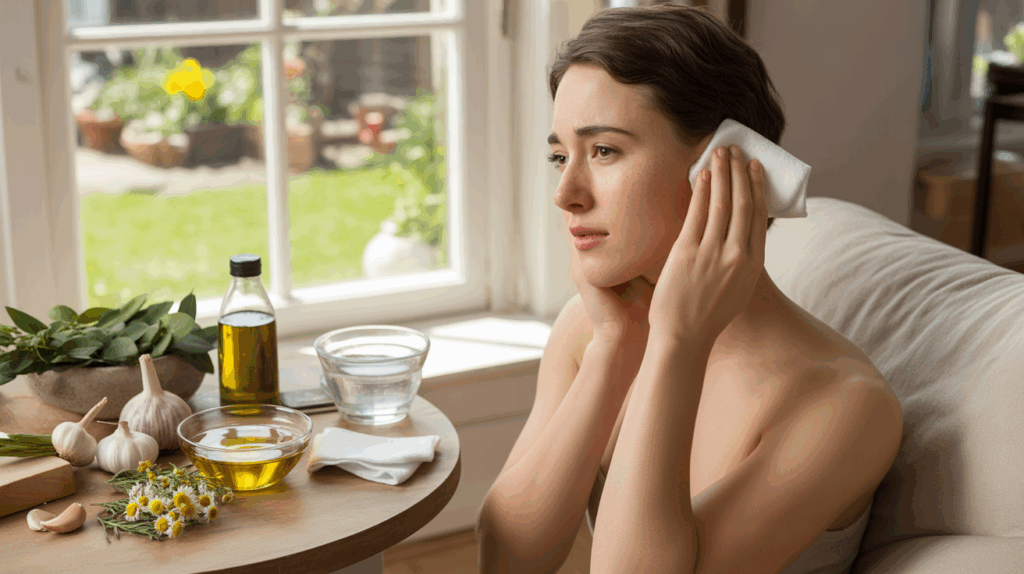 Personne appliquant une compresse chaude sur son oreille dans un intérieur lumineux, entourée de remèdes naturels comme de l’ail, de l’huile d’olive et du thé à la camomille.