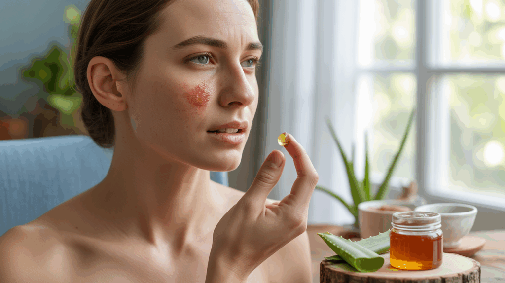 Personne appliquant un remède naturel comme du miel ou de l’aloe vera sur un bouton de fièvre dans une scène lumineuse et réaliste.