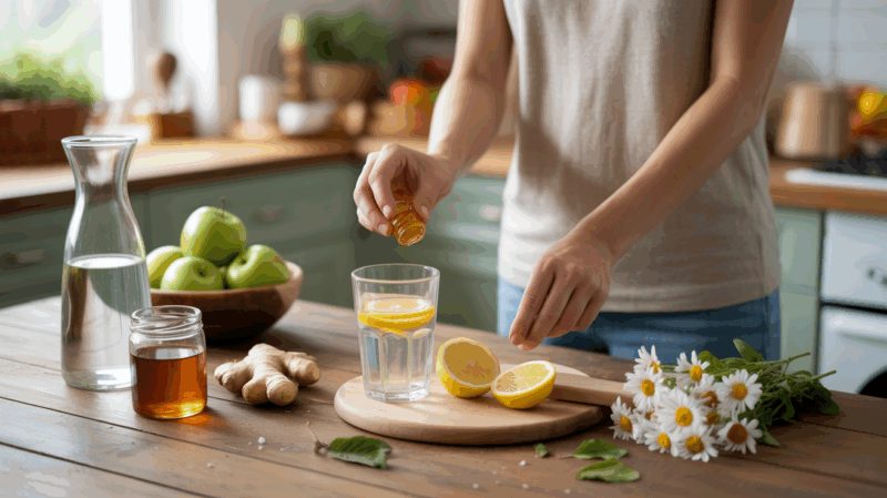 Cuisine lumineuse et naturelle avec une personne préparant des remèdes contre les brûlures d’estomac, incluant citron, gingembre, miel et tisane, dans une scène réaliste et authentique.