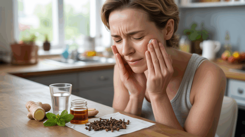 Personne dans une cuisine appliquant un remède naturel contre un mal de dent avec des ingrédients comme des clous de girofle et du gingembre sur la table.
