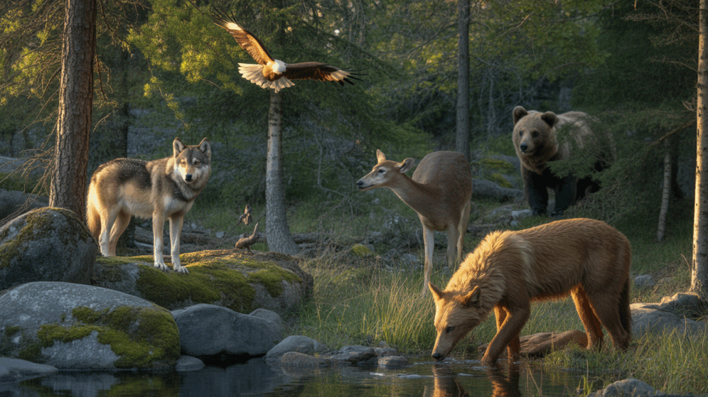 Scène naturelle réaliste montrant plusieurs animaux sauvages dans une clairière au lever du soleil, évoquant l’idée d’animaux totems.