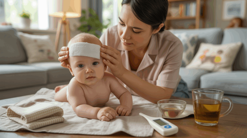 Parent apaisant un bébé fiévreux avec une compresse tiède dans un salon chaleureux et réaliste, entouré de détails naturels et authentiques.