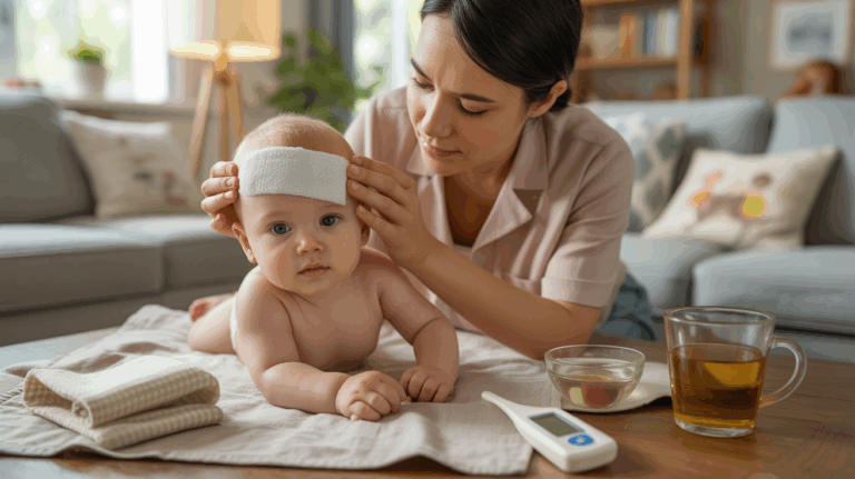 Parent apaisant un bébé fiévreux avec une compresse tiède dans un salon chaleureux et réaliste, entouré de détails naturels et authentiques.