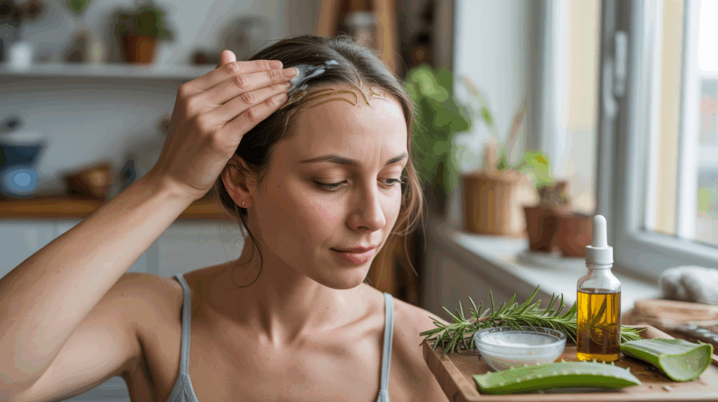 Femme appliquant des remèdes naturels sur son cuir chevelu dans une cuisine ensoleillée, scène réaliste et authentique évoquant le soin des cheveux.