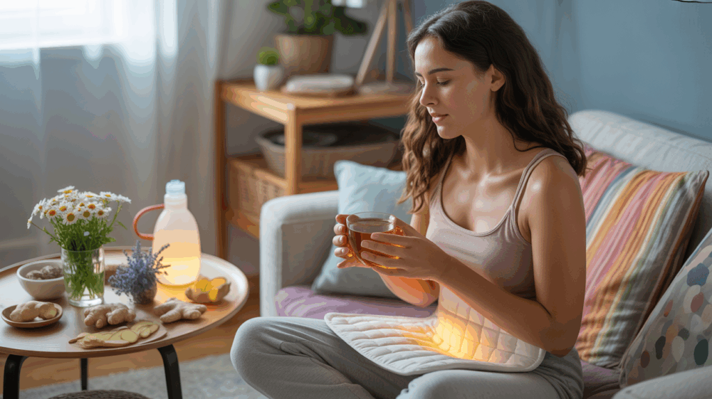 Femme se détendant chez elle en utilisant des remèdes naturels comme une tisane et une bouillotte pour soulager des crampes menstruelles.