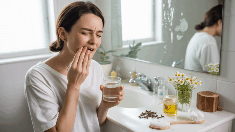 Personne dans une salle de bain lumineuse utilisant un remède naturel pour soulager une douleur aux gencives, avec des ingrédients naturels sur le comptoir et une scène réaliste.