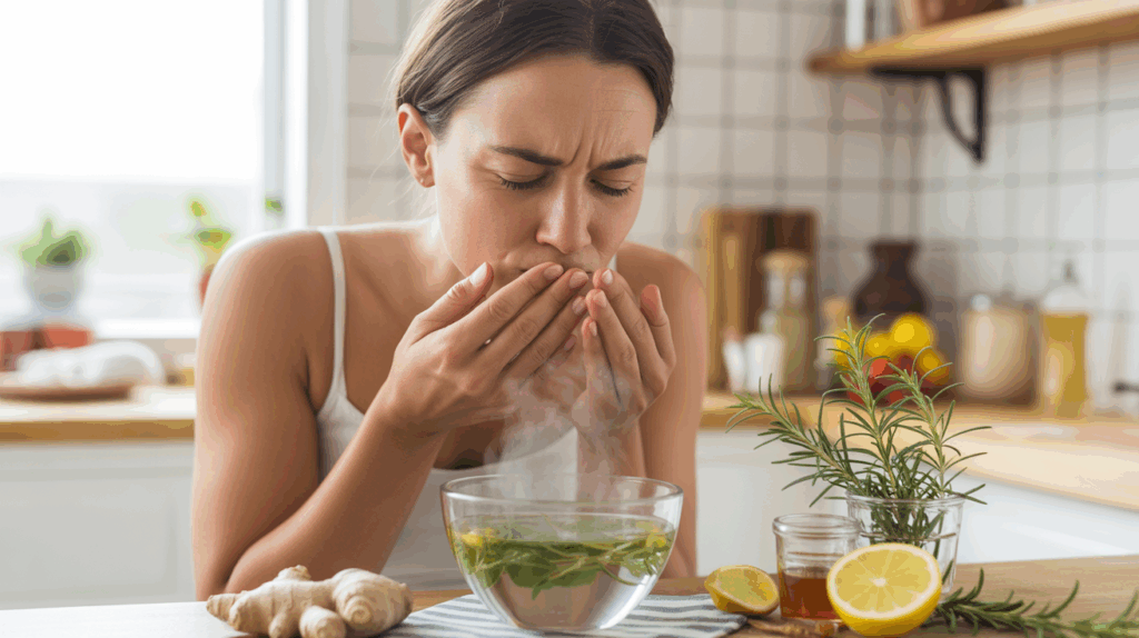 Scène réaliste d'une personne inhalant de la vapeur aux plantes dans une cuisine lumineuse avec des ingrédients naturels pour soulager la sinusite.