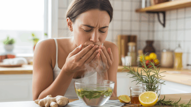 Scène réaliste d'une personne inhalant de la vapeur aux plantes dans une cuisine lumineuse avec des ingrédients naturels pour soulager la sinusite.