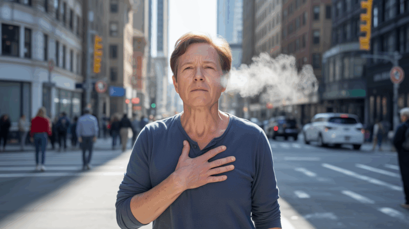 Personne en difficulté respiratoire légère sur un trottoir urbain, scène réaliste et naturelle.
