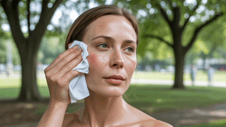 Femme dans un parc à l’ombre, essuyant naturellement la transpiration de son visage avec un linge, dans une scène réaliste et lumineuse.