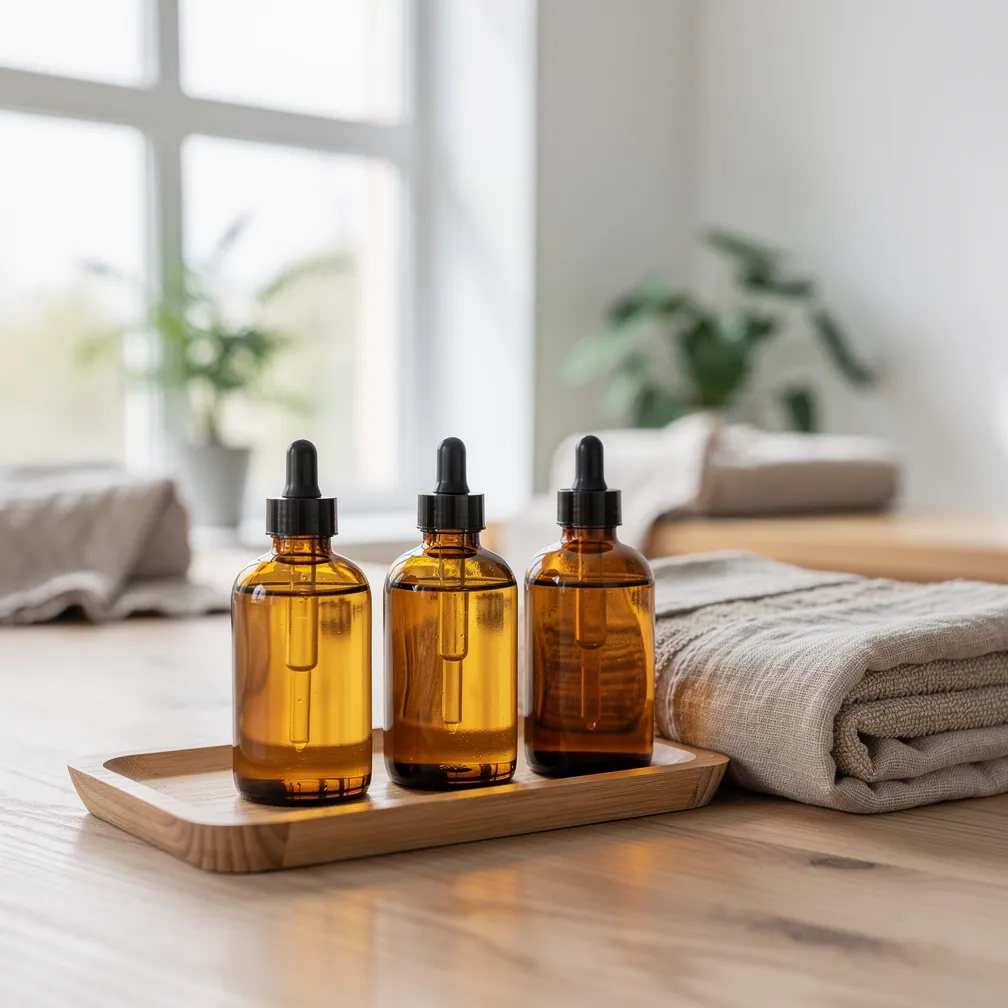 Huiles de massage sur plateau de bois