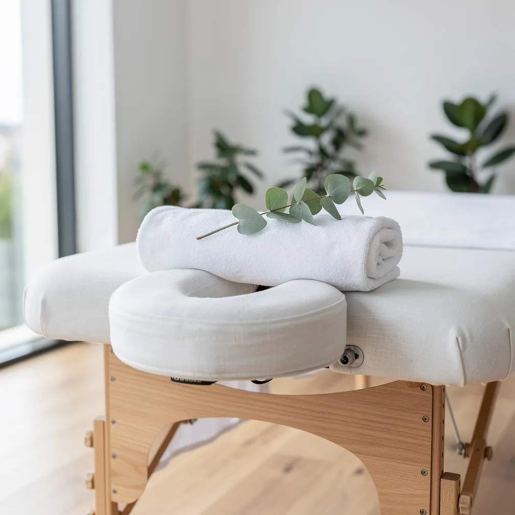 Têtière de la table de massage et branche d’eucalyptus