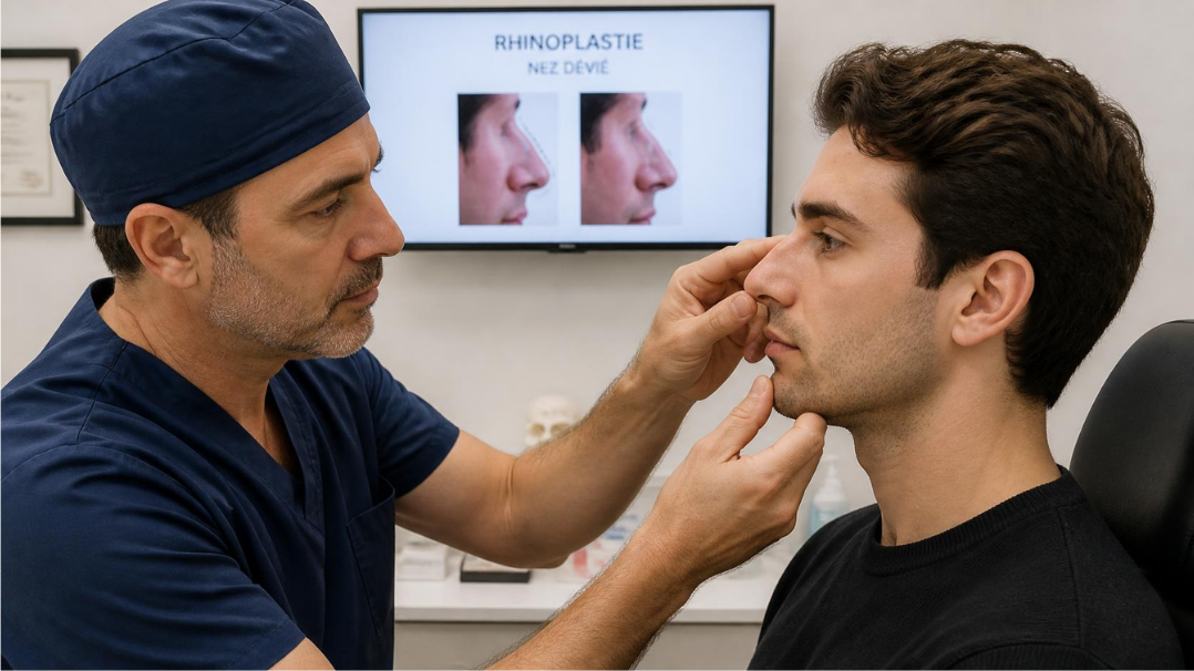 Chirurgien examinant le profil d'un patient avant une rhinoplastie pour nez dévié