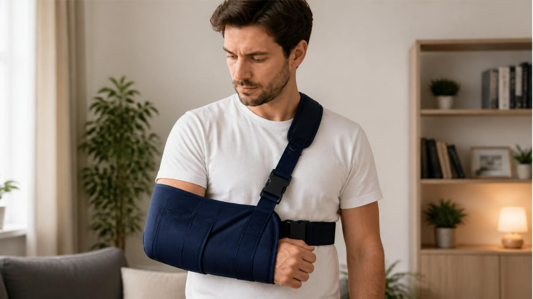 Personne portant une attelle d'épaule pour soulager une douleur après une blessure