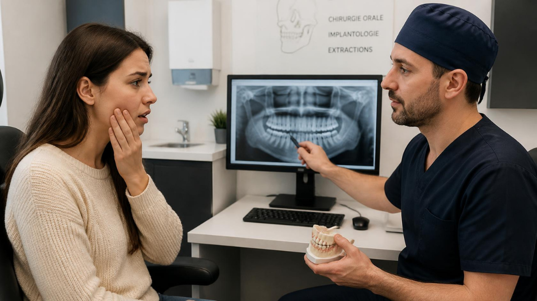 Patient consultant un chirurgien oral pour une douleur à la mâchoire
