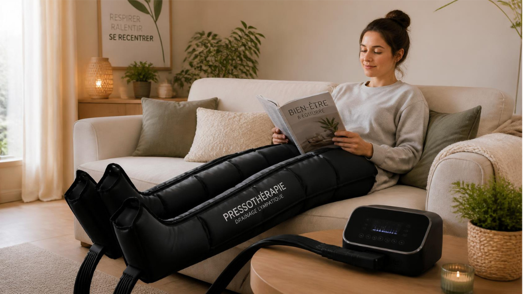 Personne détendue utilisant des bottes de pressothérapie pour un drainage lymphatique à domicile