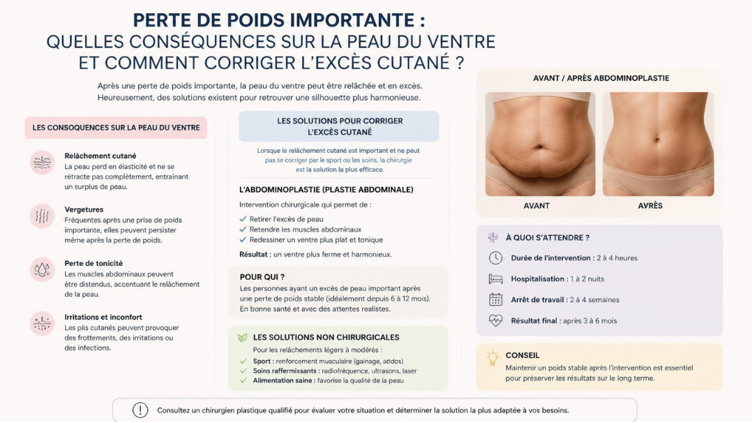 Perte de poids importante : quelles conséquences sur la peau du ventre et comment corriger l&rsquo;excès cutané ?
