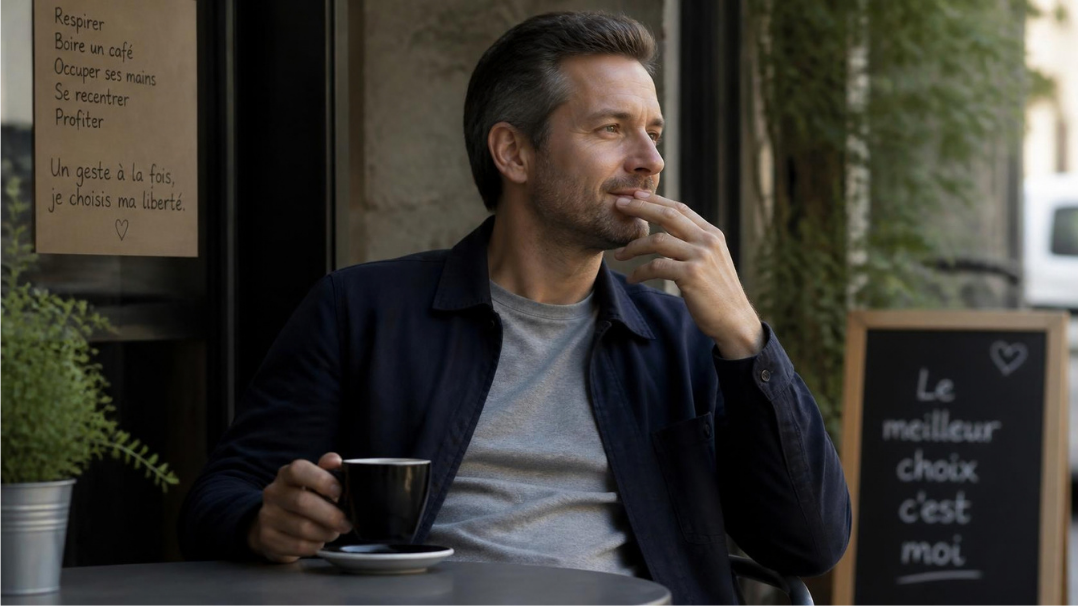 Ancien fumeur gérant le geste main-bouche pendant une pause café